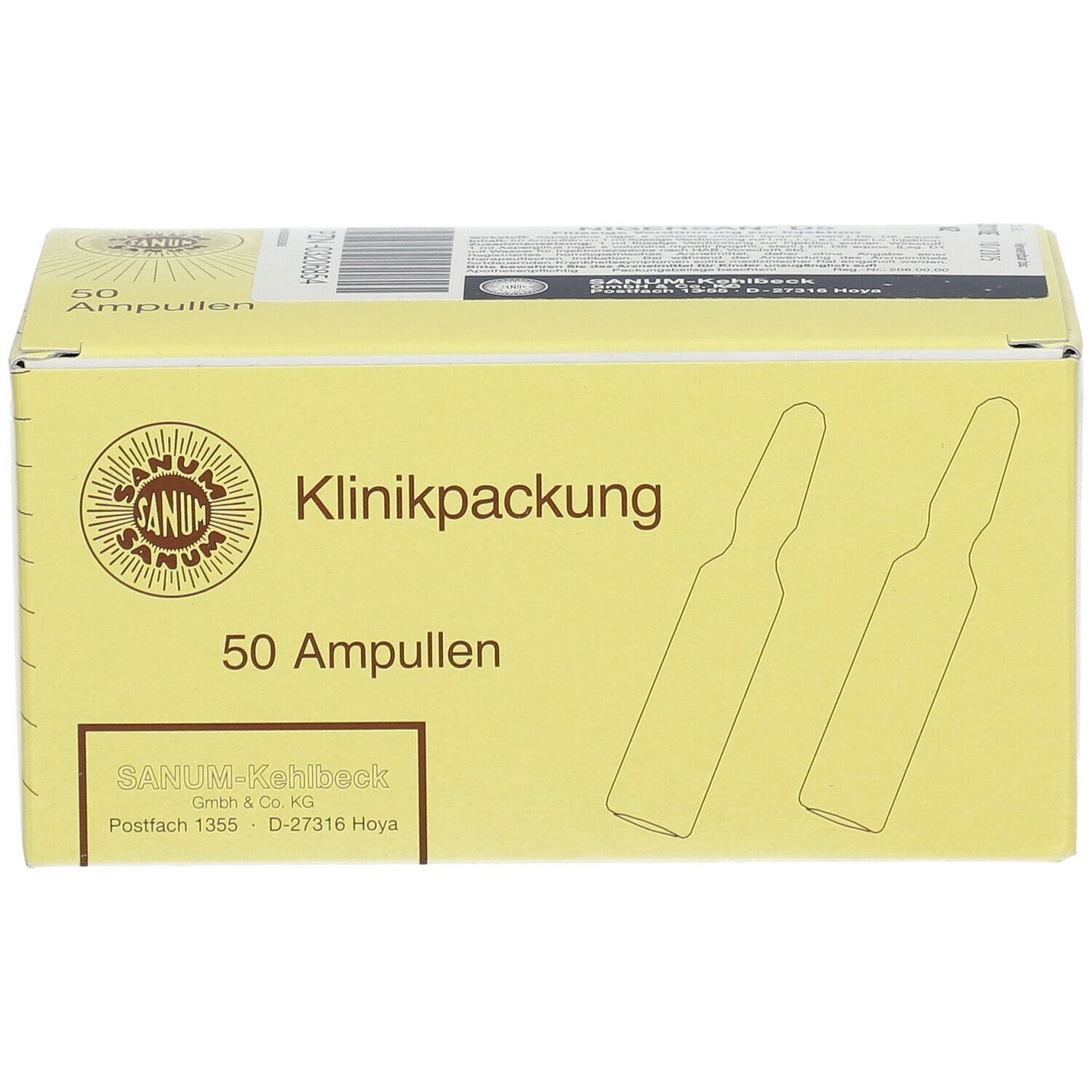 Gelbe Kartonverpackung mit Aufschrift "Klinikpackung" und "50 Ampullen". Logo und Ampullen-Illustration.