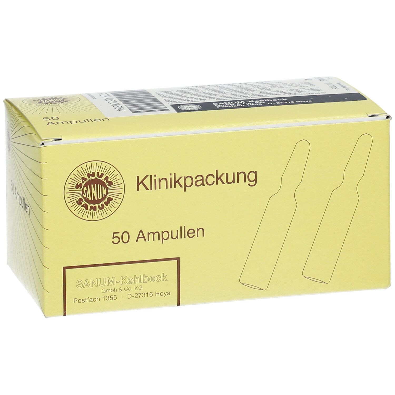 Gelbe Kartonverpackung mit Aufschrift "Klinikpackung" und "50 Ampullen". Logo und Ampullen-Illustration.