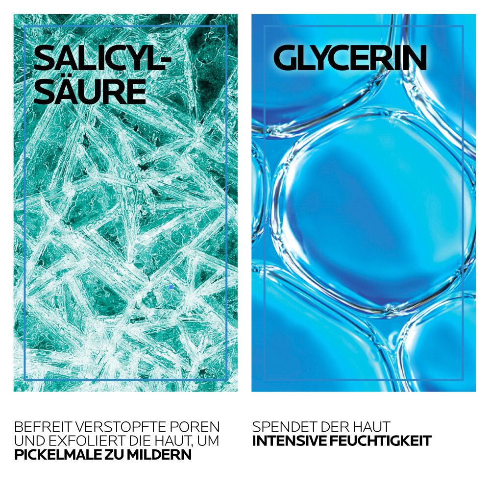 Zwei Tafeln: Salicylsäure und Glycerin. Text: Befreit Poren, exfoliert, mildert Pickelmale. Spendet Feuchtigkeit.