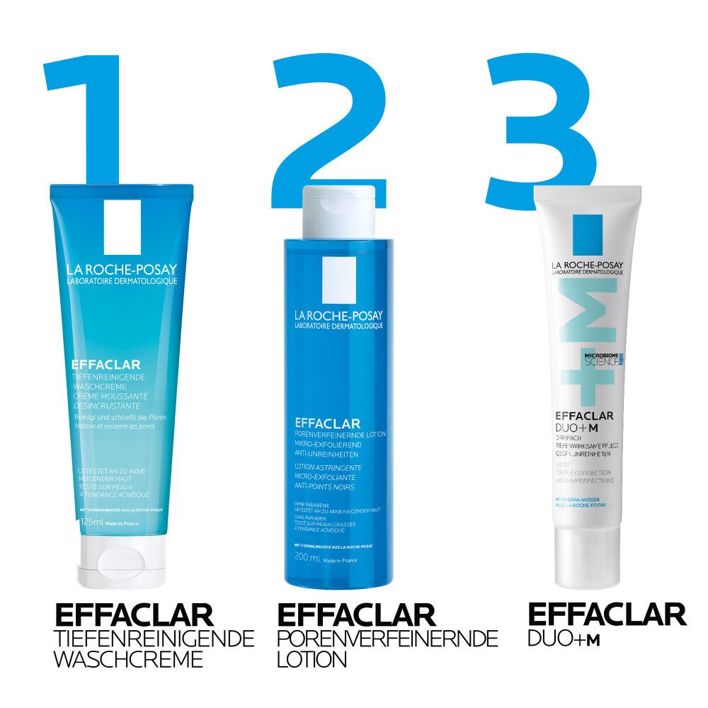 Drei Produkte: Effaclar Waschcreme, Porenverfeinernde Lotion, Duo+M. La Roche-Posay Logo. Nummeriert 1, 2, 3.