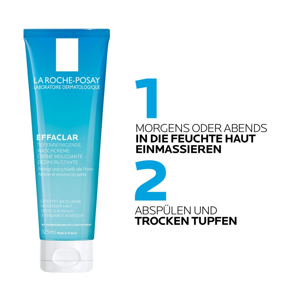 Tube Effaclar. Text: Morgens oder abends einmassieren. Abspülen und trocken tupfen. 125ml.