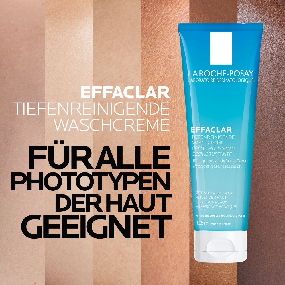 Tube Effaclar. Text: Für alle Hauttypen geeignet. Verschiedene Hautfarben im Hintergrund. 125ml.