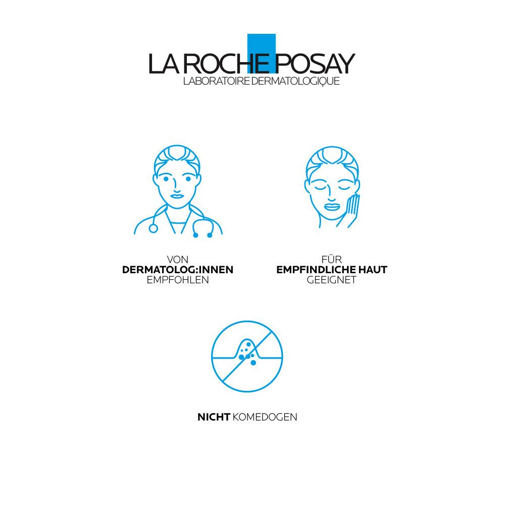 La Roche-Posay Logo. Text: Von Dermatologen empfohlen. Für empfindliche Haut geeignet. Nicht komedogen.