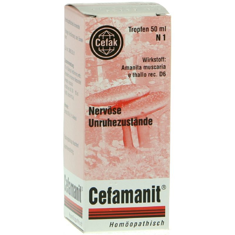 Verpackung von Cefamanit Tropfen. Logo Cefak, Text: Nervöse Unruhezustände. Homöopathisches Arzneimittel.