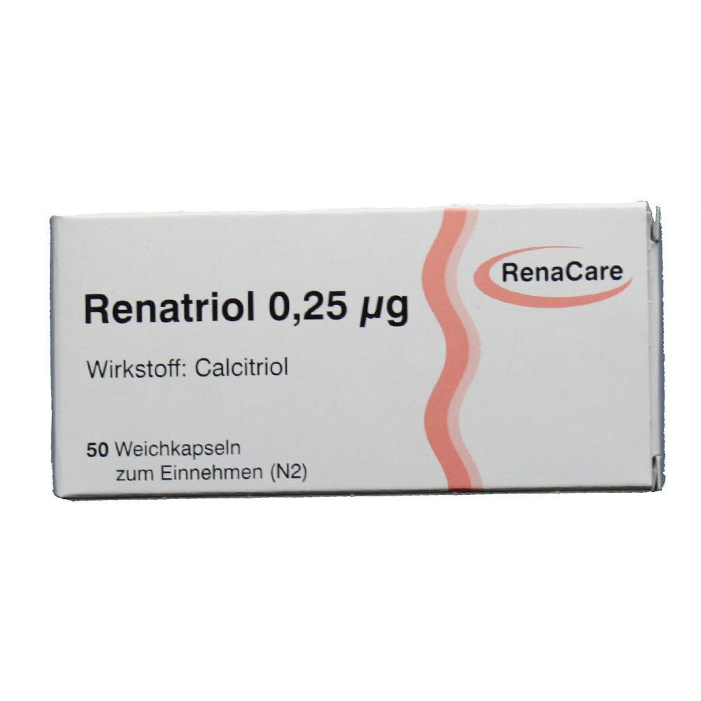 Weiße Schachtel mit Aufschrift Renatriol 0,25 µg, Wirkstoff Calcitriol. Marke RenaCare. Enthält 50 Weichkapseln.
