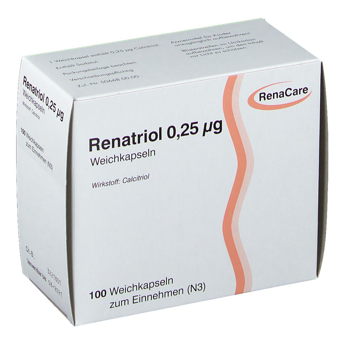 Weiße Faltschachtel mit Aufschrift Renatriol 0,25 µg, 100 Weichkapseln. Orangefarbene Wellenlinie. Logo RenaCare.