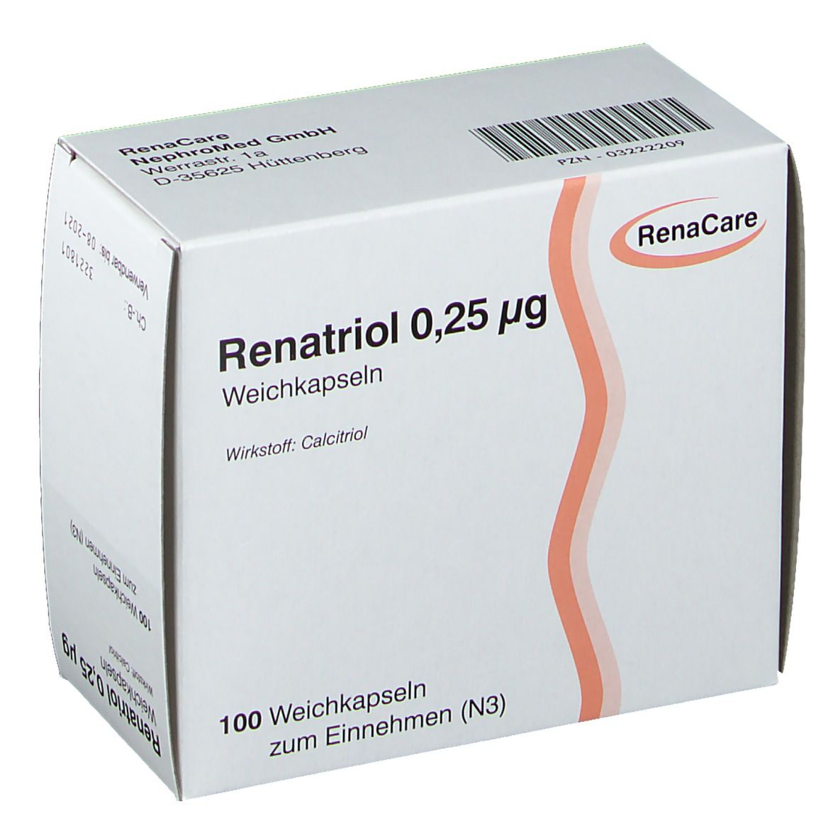Weiße Faltschachtel mit Aufschrift Renatriol 0,25 µg, 100 Weichkapseln. Logo RenaCare. Barcode. Orangefarbene Wellenlinie.