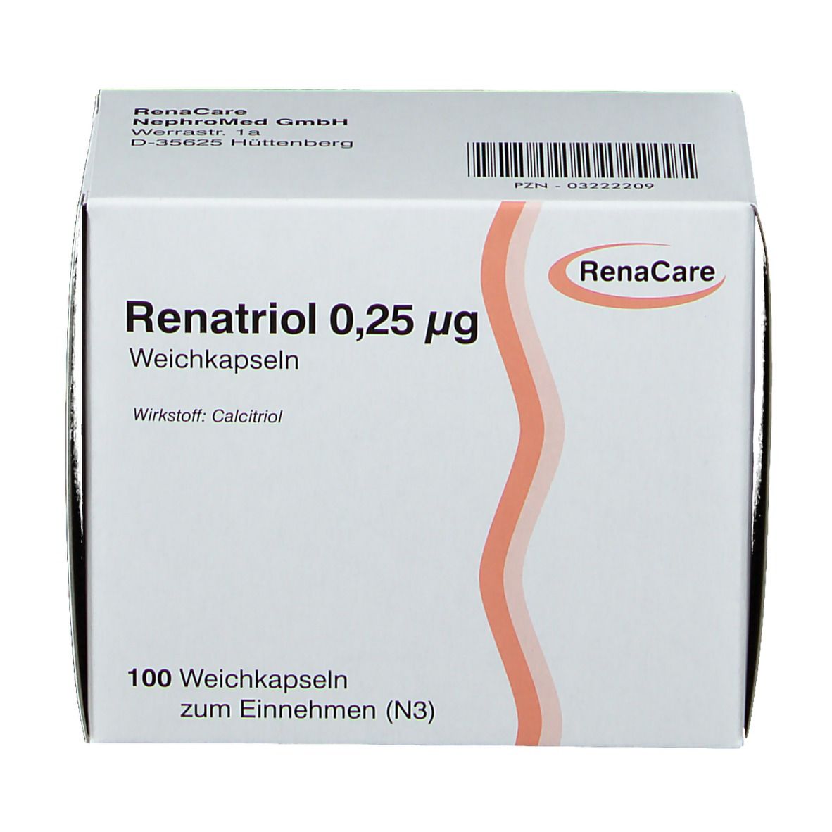 Weiße Faltschachtel mit Aufschrift Renatriol 0,25 µg, 100 Weichkapseln. Logo RenaCare. Orangefarbene Wellenlinie.