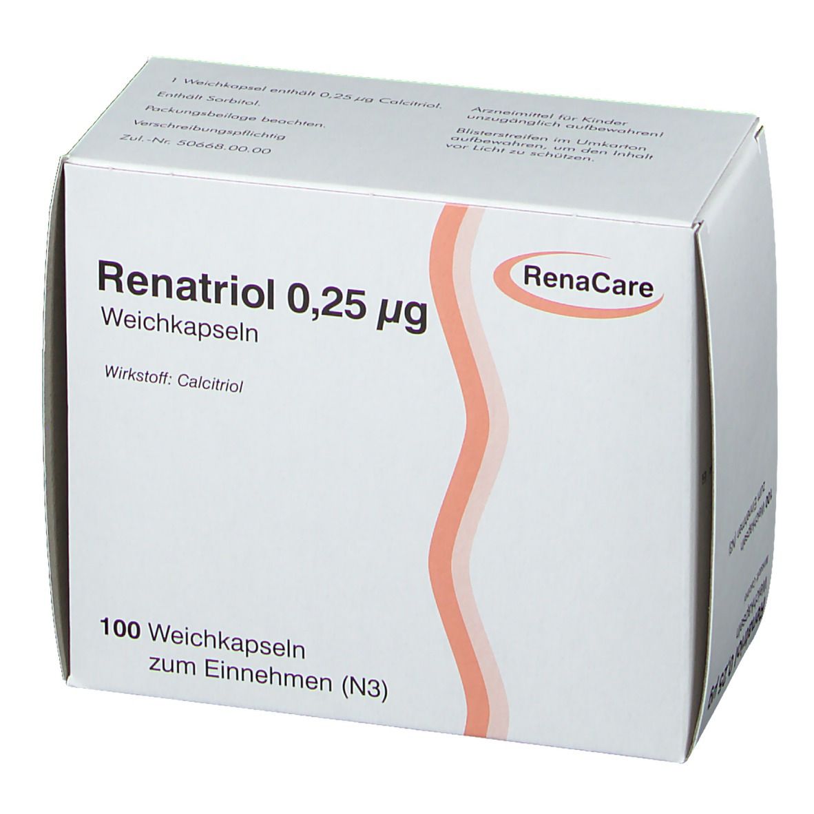 Weiße Faltschachtel mit Aufschrift Renatriol 0,25 µg, 100 Weichkapseln. Logo RenaCare. Text auf der Verpackung.