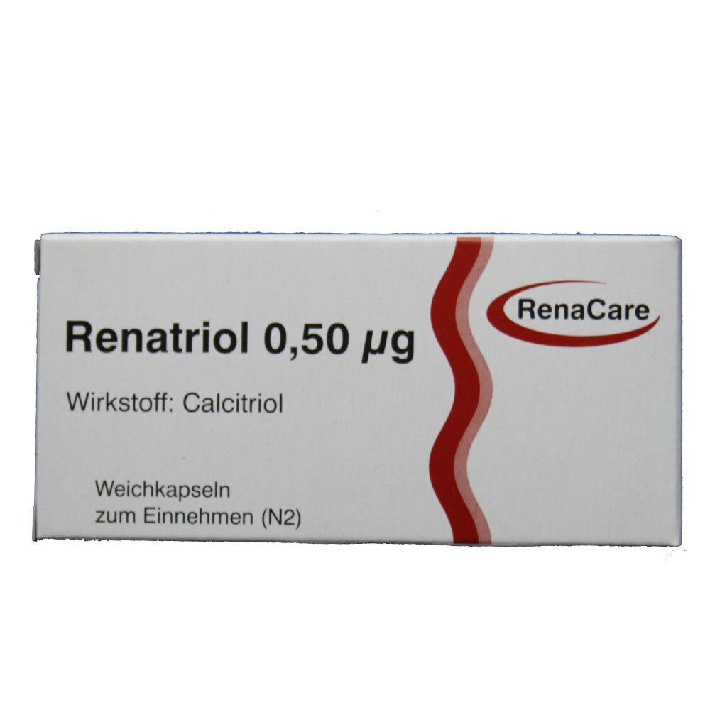 Weißer Karton mit roter geschwungener Linie. Aufschrift: Renatriol 0,50 µg, Wirkstoff: Calcitriol, Weichkapseln zum Einnehmen (N2). Logo: RenaCare.