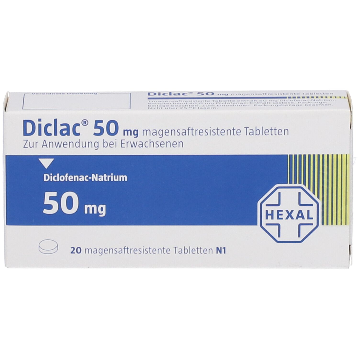 Schachtel mit Diclac® 50 mg Tabletten. Blaue und weiße Verpackung mit Produktnamen, Dosierung und Herstellerlogo.
