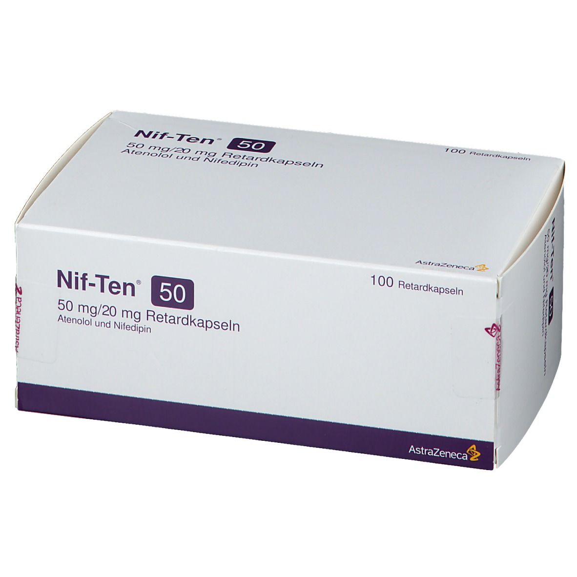 Weiße Schachtel mit Nif-Ten 50 Aufdruck. Enthält 100 Retardkapseln. AstraZeneca Logo.