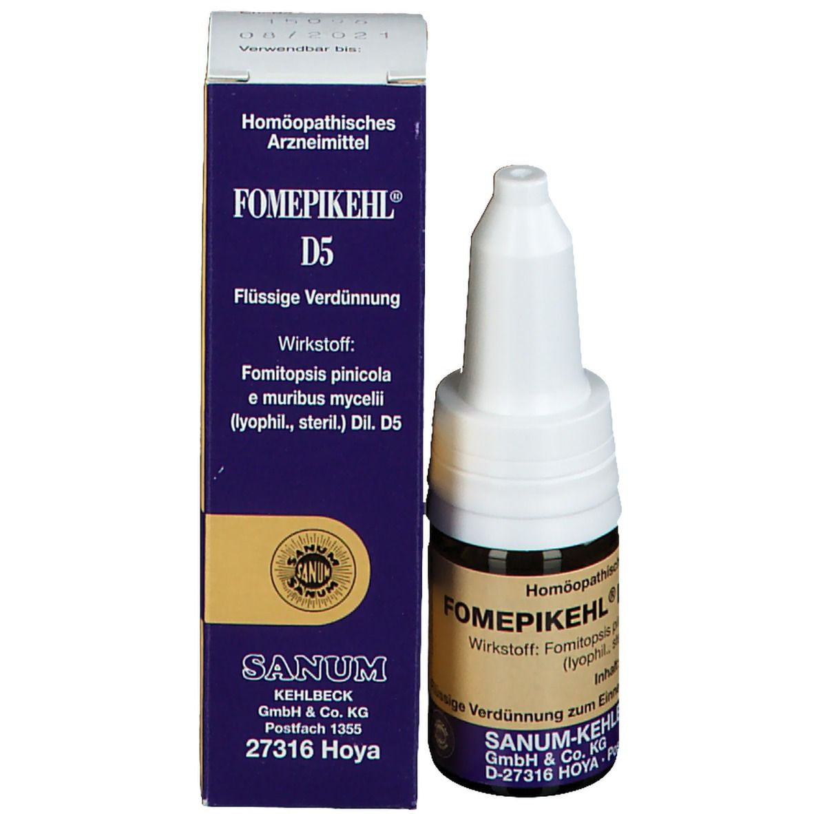 Produktflasche und Schachtel. Schachtel: Fomepikehl® D5, SANUM-KEHL. Flasche: braun, weißer Verschluss.
