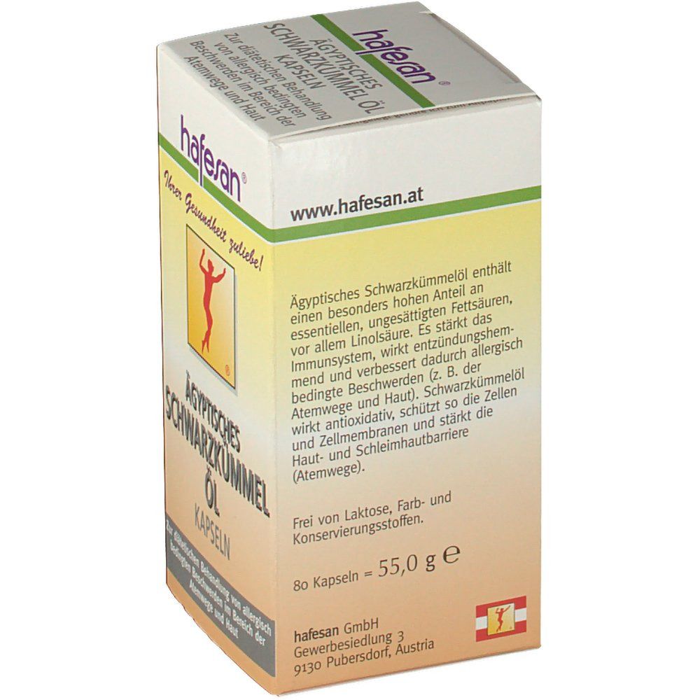 Karton mit Text und Logo 'hafesan'. Enthält 'Ägyptisches Schwarzkümmel Öl Kapseln'. Gewicht: 55,0 g. Text in Deutsch.