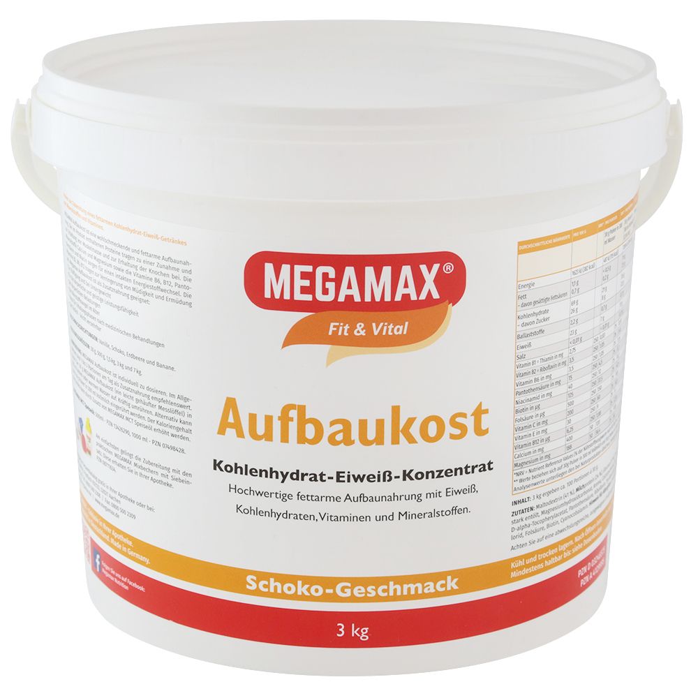 Weißer Eimer mit Griff. Aufschrift: MEGAMAX Fit & Vital Aufbaukost Schoko-Geschmack. Enthält Kohlenhydrate, Eiweiß, Vitamine und Mineralstoffe. 3 kg.