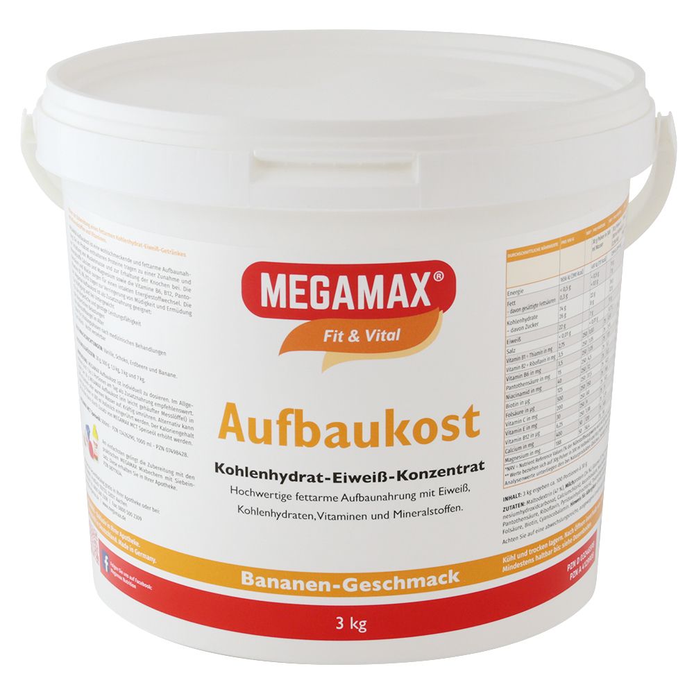 Weißer Eimer mit Aufschrift MEGAMAX Fit & Vital Aufbaukost, Bananen-Geschmack. Enthält Kohlenhydrate, Eiweiß, Vitamine und Mineralstoffe. 3 kg.