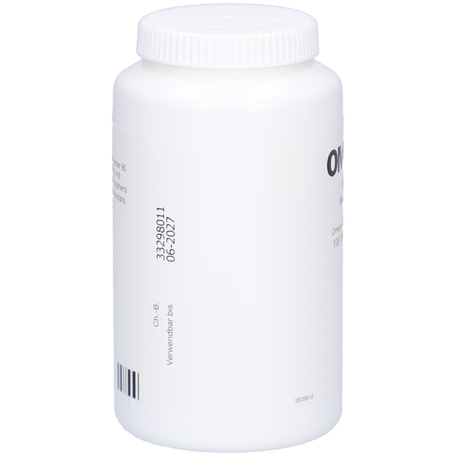 Weiße Flasche mit Schraubverschluss. Aufdruck mit Chargennummer und Verfallsdatum. Barcode.