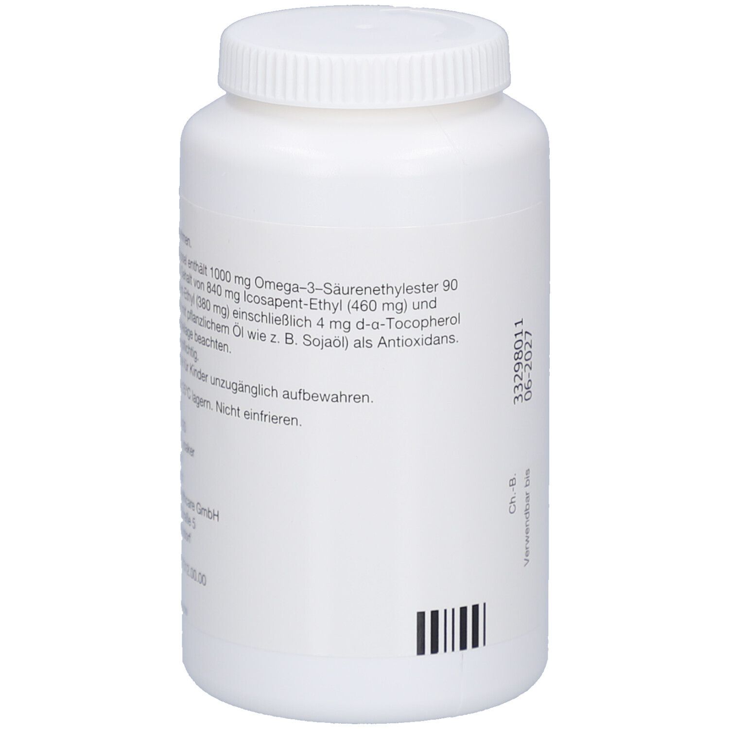 Weiße Flasche mit Schraubverschluss. Text mit Inhaltsstoffen und Warnhinweisen. Barcode.