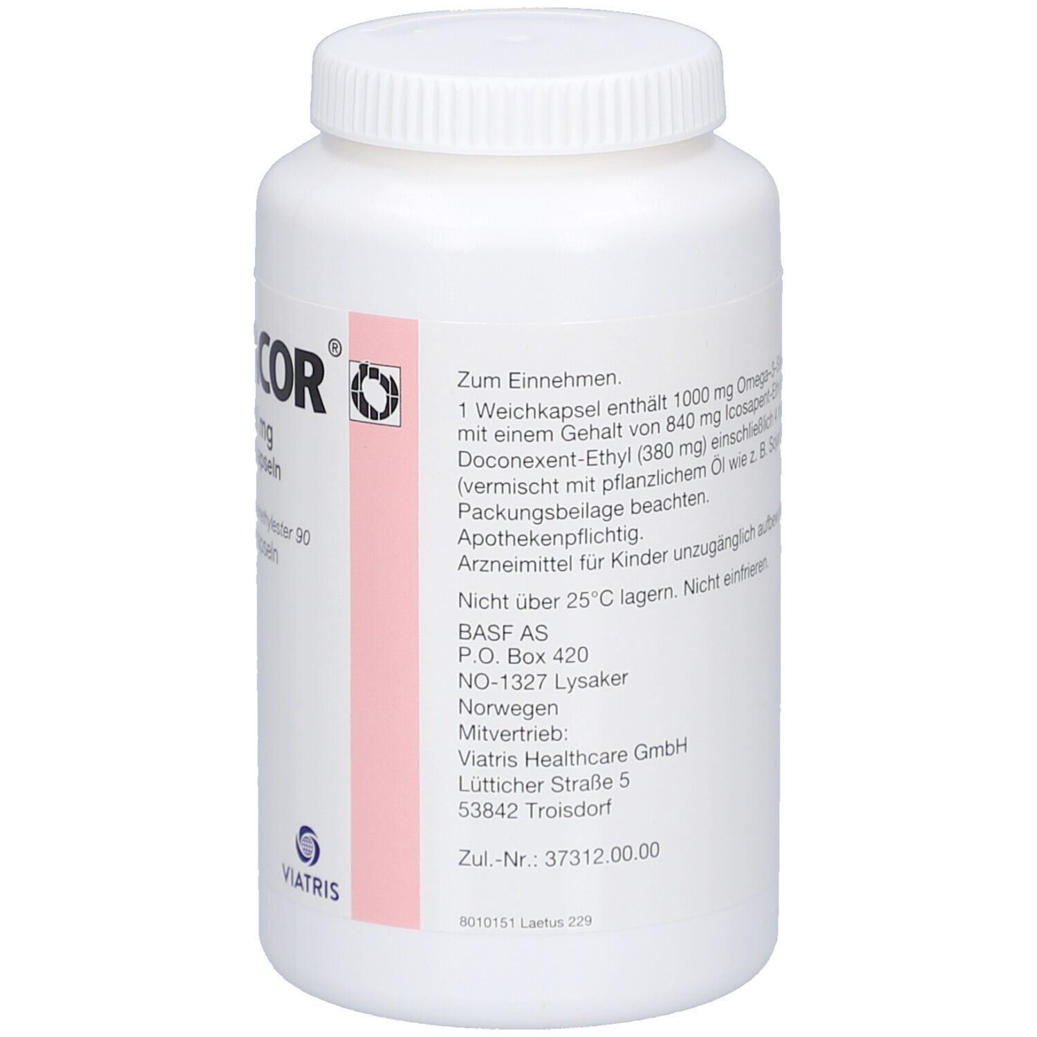 Weiße Flasche mit Schraubverschluss. Text mit Dosierung und Herstellerinformationen. Rosa Streifen.