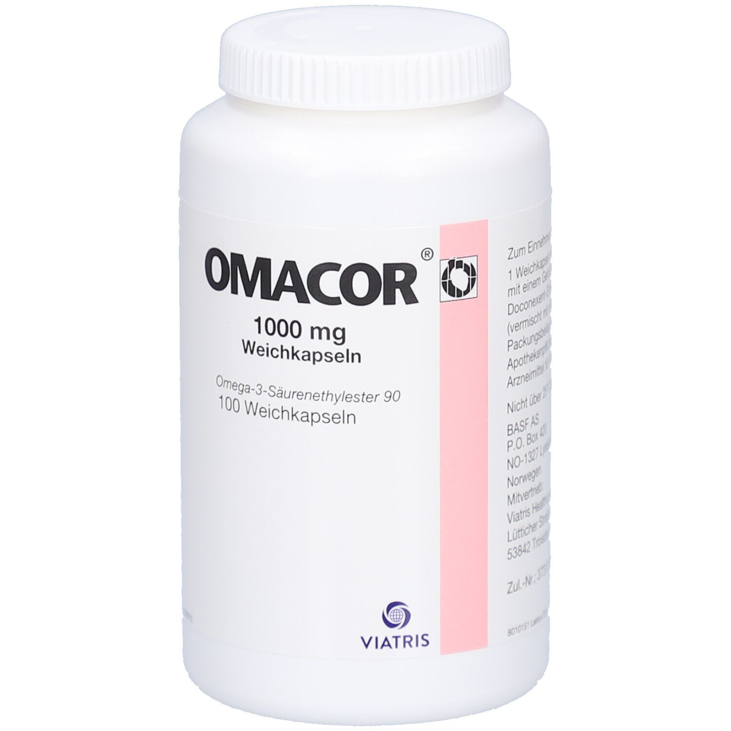 Weiße Flasche mit Schraubverschluss. Aufschrift: Omacor, 1000 mg Weichkapseln. Viatris Logo.