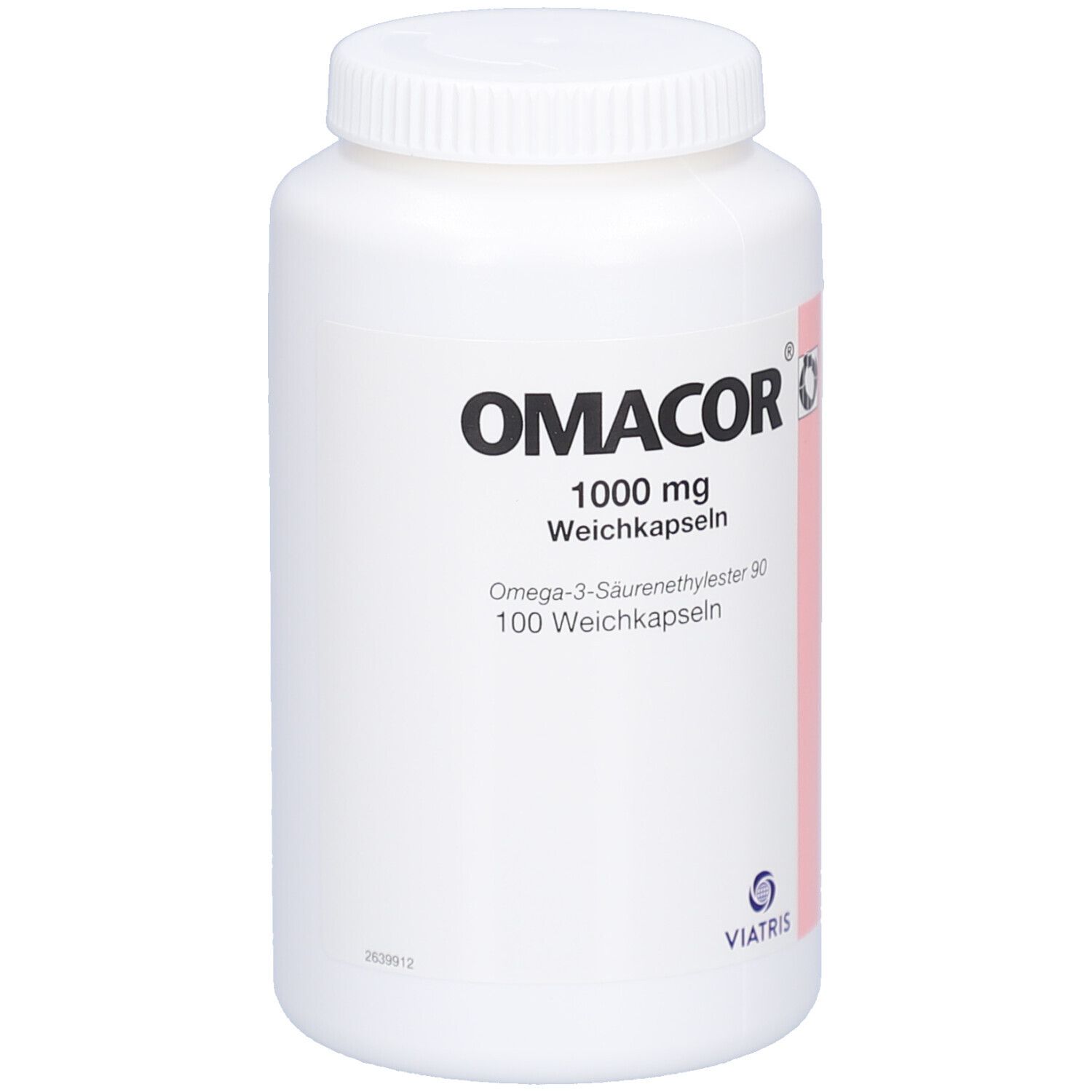 Weiße Flasche mit Schraubverschluss. Aufschrift: Omacor, 1000 mg Weichkapseln. Viatris Logo.