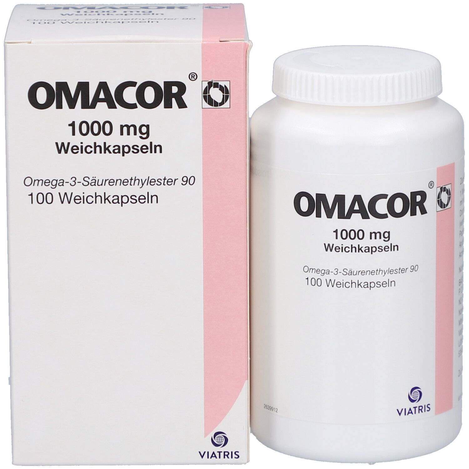 Omacor-Packung und Flasche. Aufschrift: Omacor, 1000 mg Weichkapseln. Viatris Logo. Rosa Streifen.