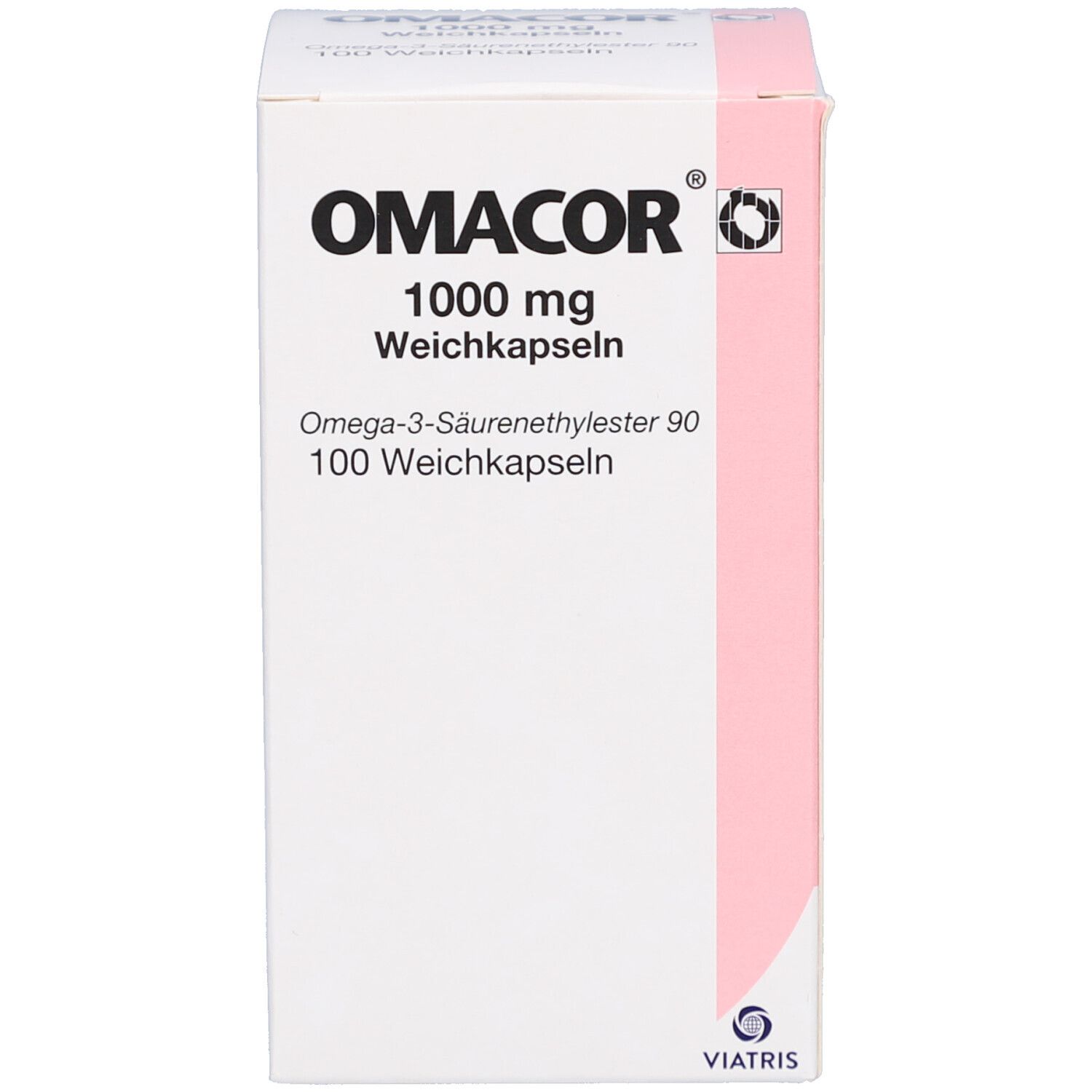 Omacor-Packung. Aufschrift: Omacor, 1000 mg Weichkapseln. Viatris Logo. Rosa Streifen.