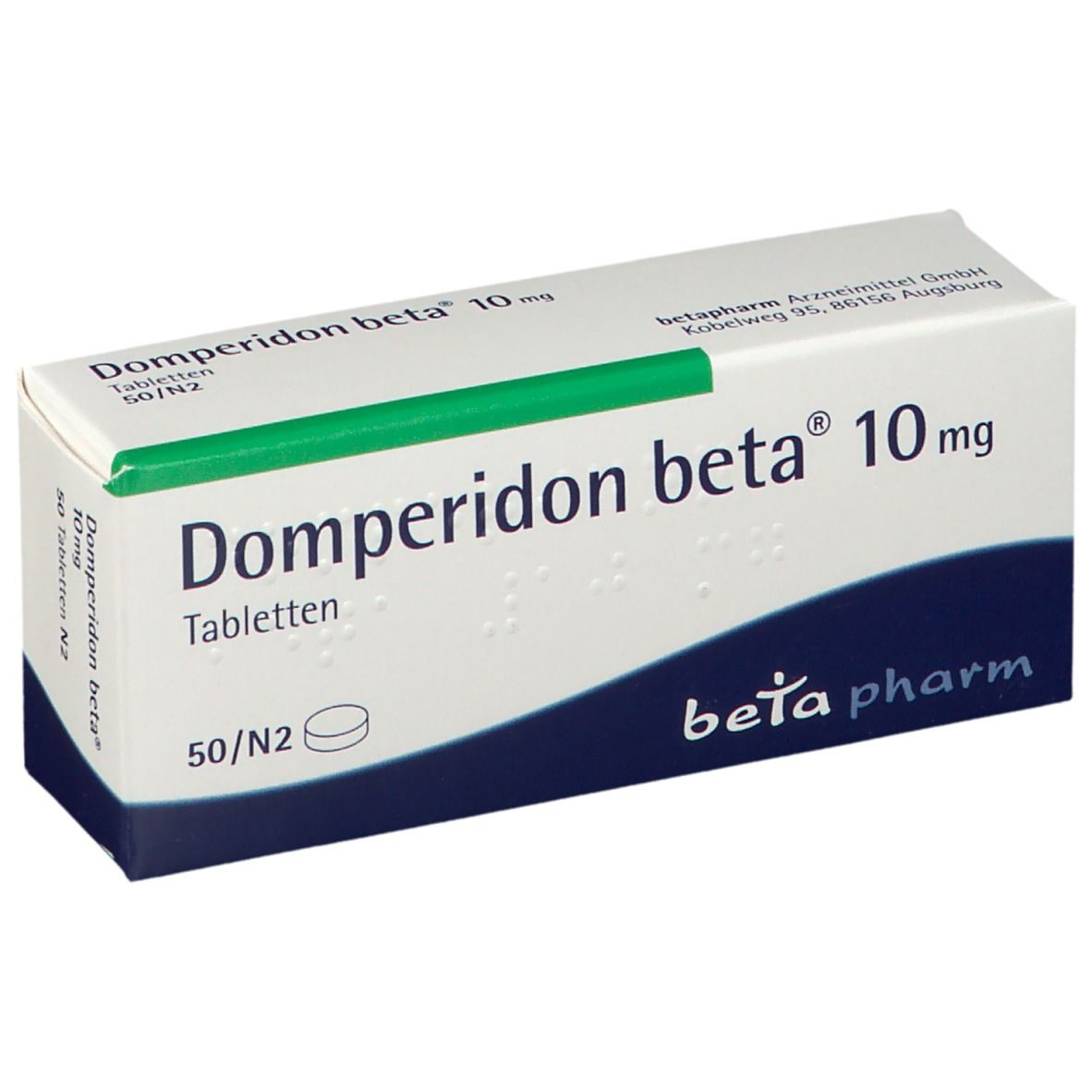Domperidon beta 10 mg Tabletten-Packung. Weiß-grüne Schachtel mit Produktnamen und beta pharm Logo. 50 Tabletten.