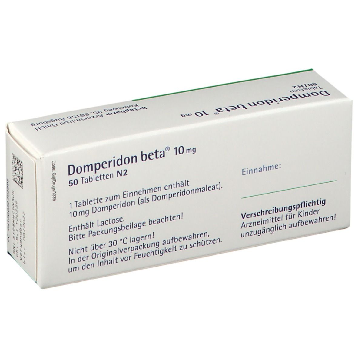 Rückseite der Domperidon beta 10 mg Tabletten-Packung. Enthält Informationen zur Einnahme, Inhaltsstoffe und Hersteller.