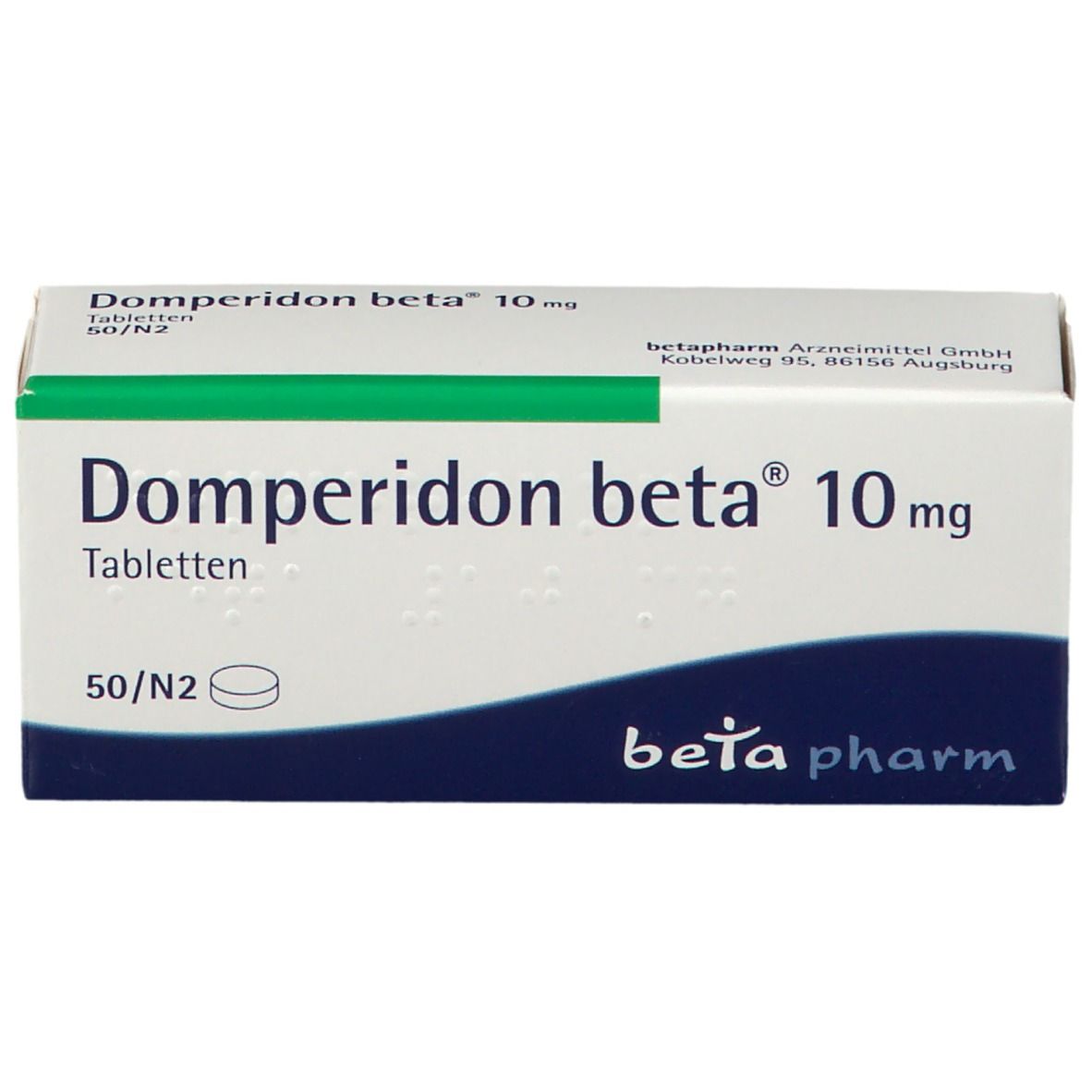 Domperidon beta 10 mg Tabletten-Packung. Weiße Schachtel mit Produktnamen und beta pharm Logo. 50 Tabletten.