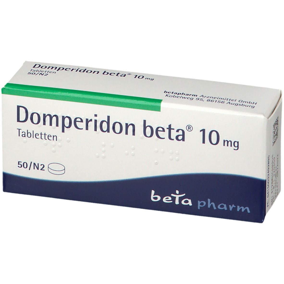 Domperidon beta 10 mg Tabletten-Packung. Weiße Schachtel mit Produktnamen und beta pharm Logo. 50 Tabletten.