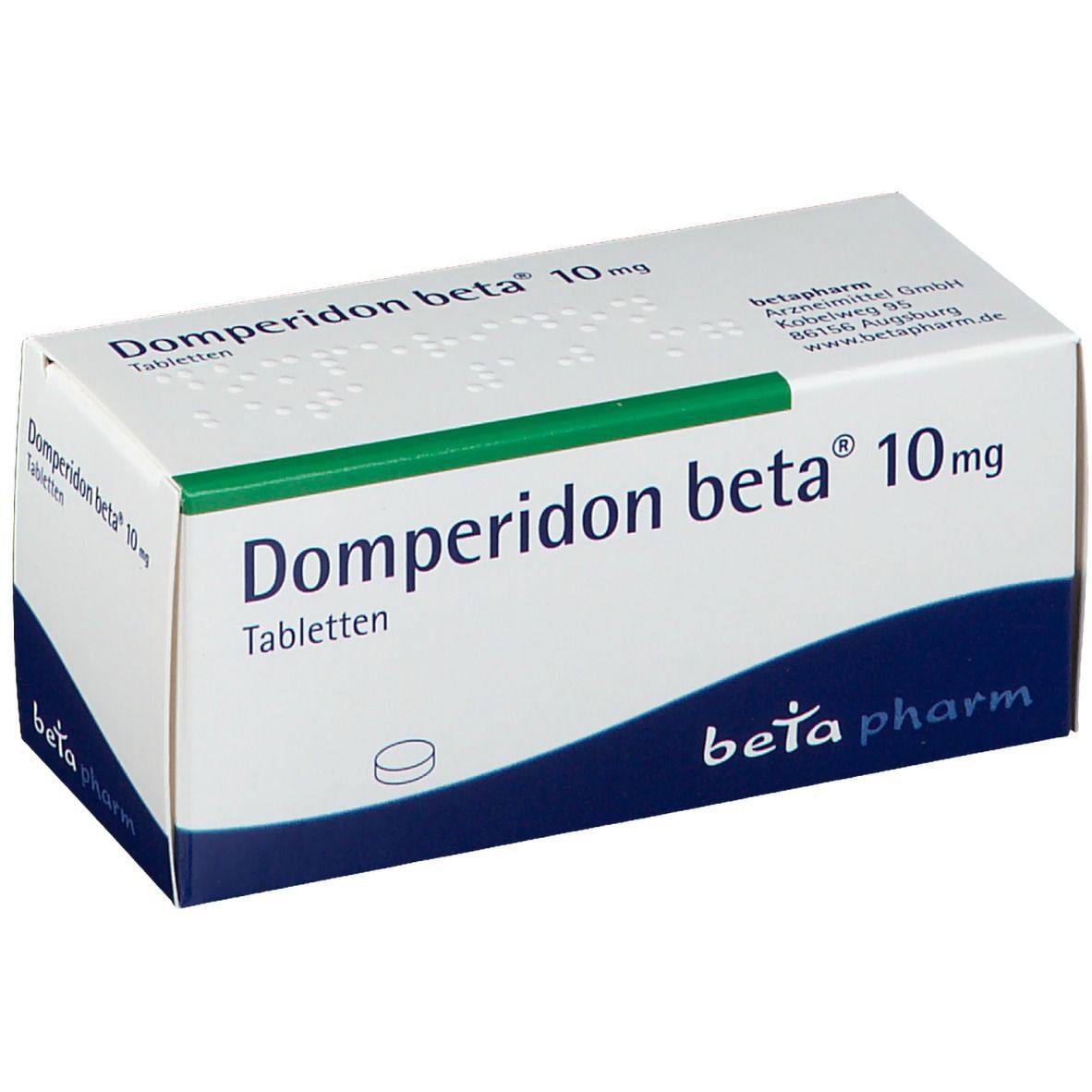 Domperidon beta 10 mg Tabletten-Packung. Weiße Schachtel mit Produktnamen und beta pharm Logo. 50 Tabletten.