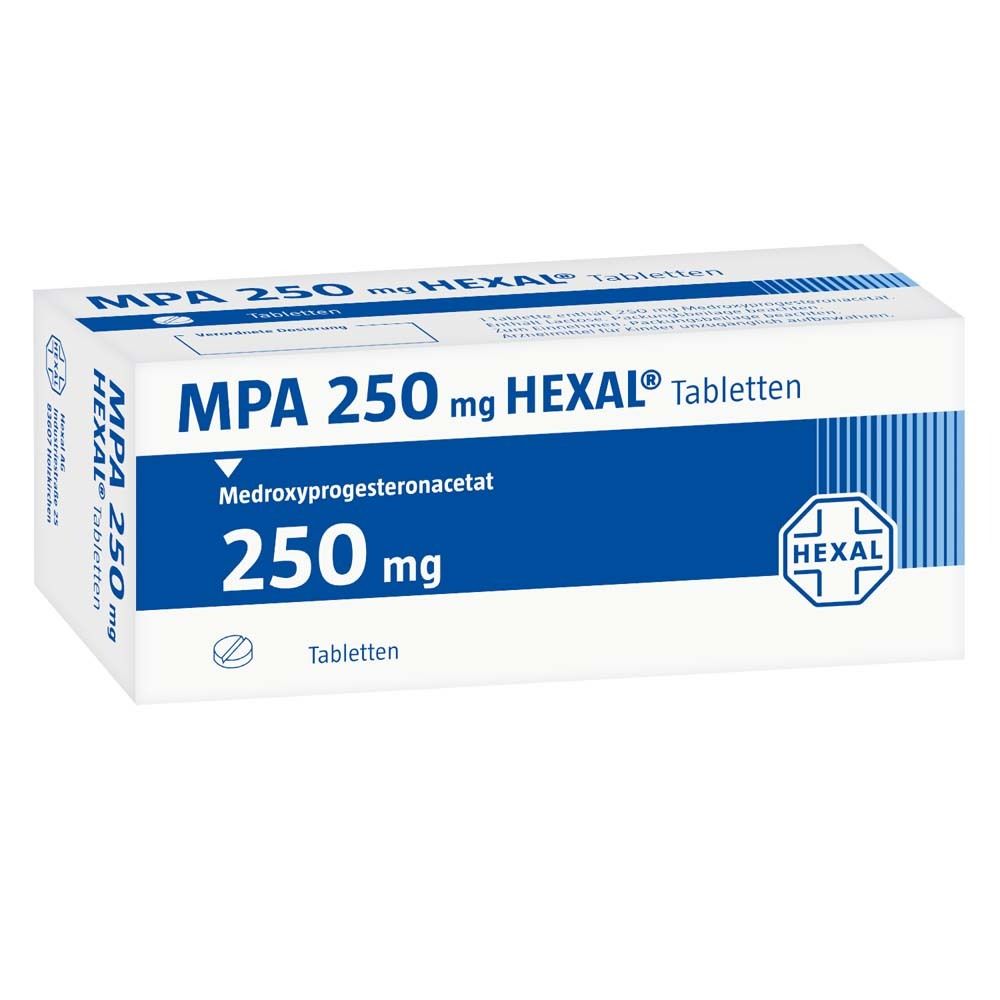 Schachtel mit MPA 250 mg HEXAL Tabletten. Blaue und weiße Verpackung mit Produktinformationen und HEXAL-Logo.