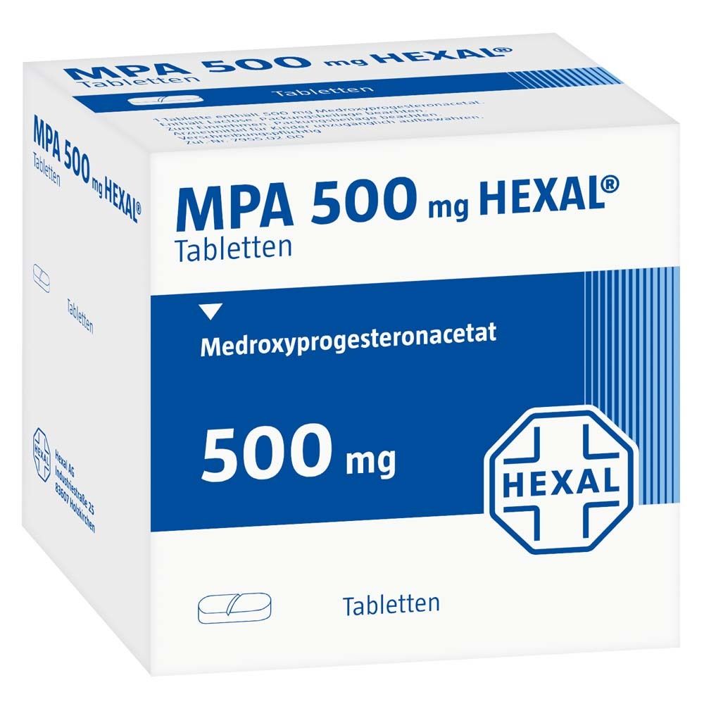 Weiße Tablettenbox mit blauer Schrift. Beschriftung: MPA 500 mg HEXAL, Tabletten, 500 mg, Medroxyprogesteronacetat. HEXAL-Logo.