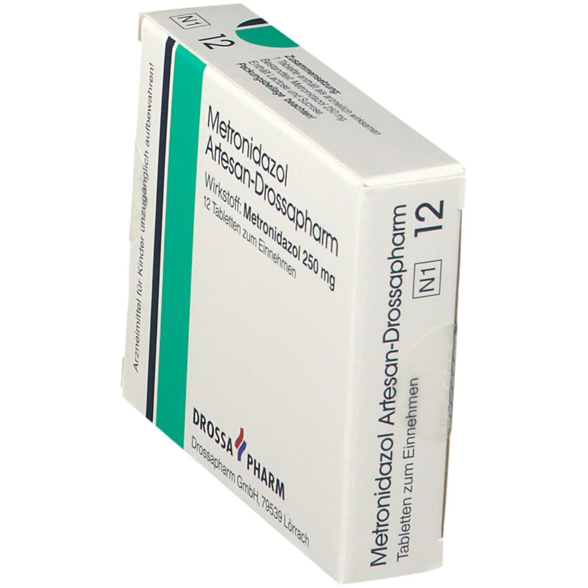 Schrägansicht der Arzneimittelpackung Metronidazol Artesan-Drossapharm 250 mg. 12 Tabletten. Weiß, grün.