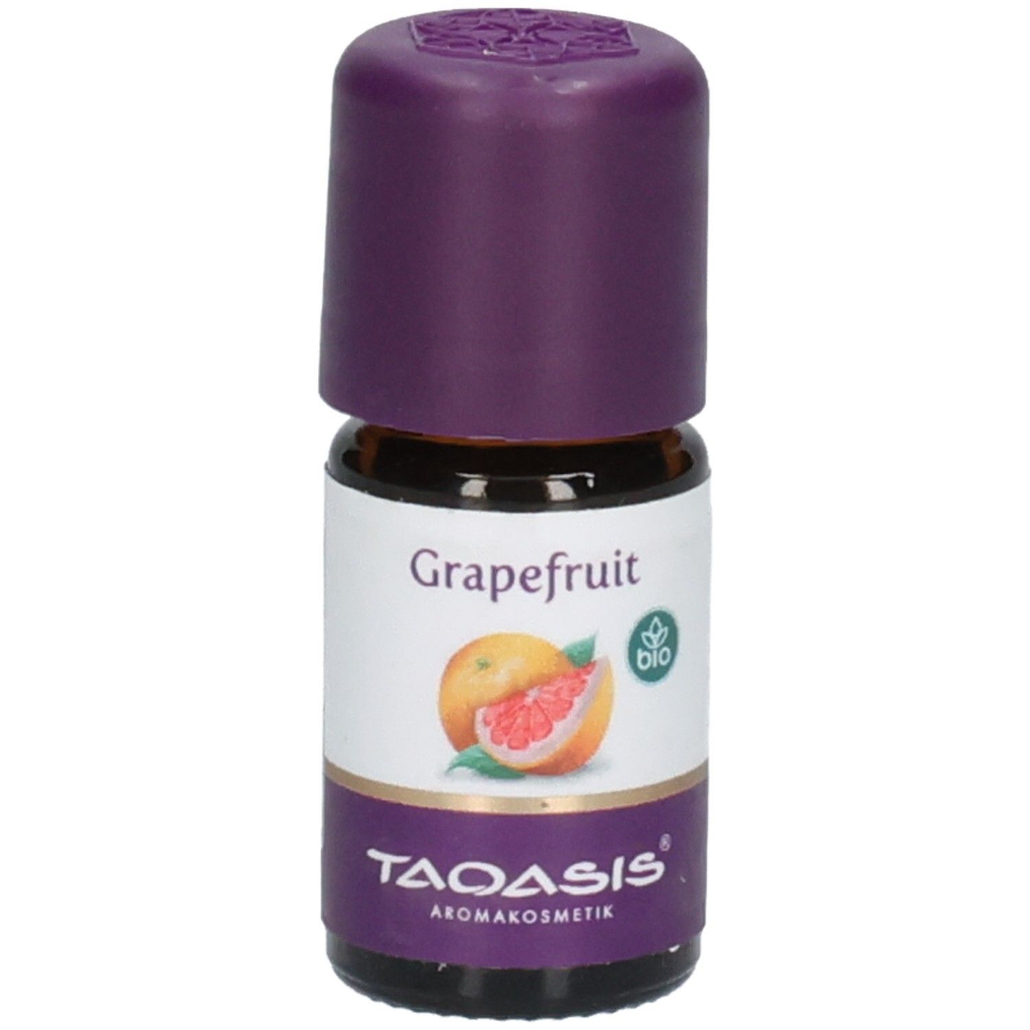 Braune Glasflasche mit lila Verschluss. Aufschrift "Grapefruit" und Abbildung einer Grapefruit. Logo und "BIO"-Siegel.