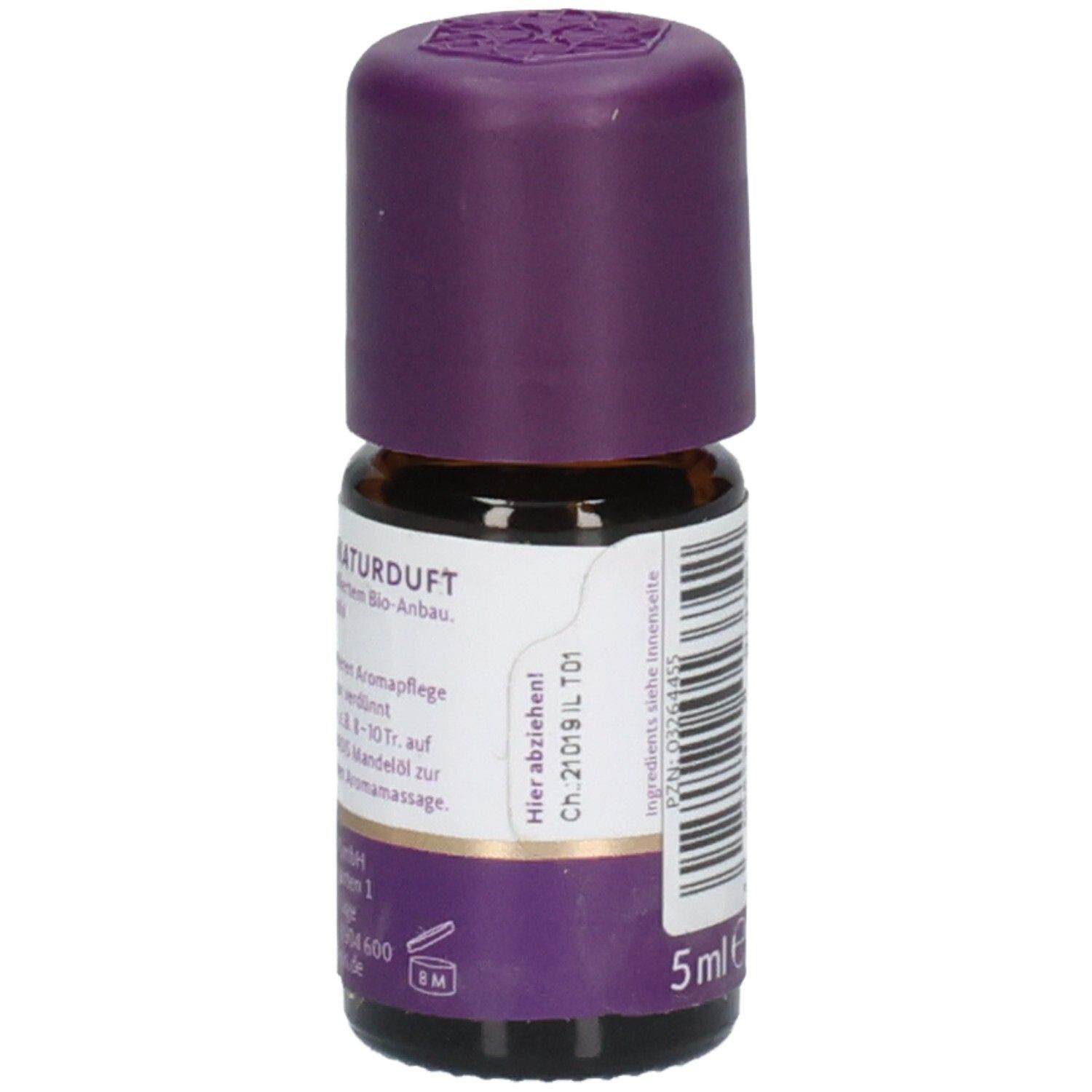 Braune Glasflasche mit lila Verschluss. Aufkleber mit Text und Barcode. "5 ml" Angabe.