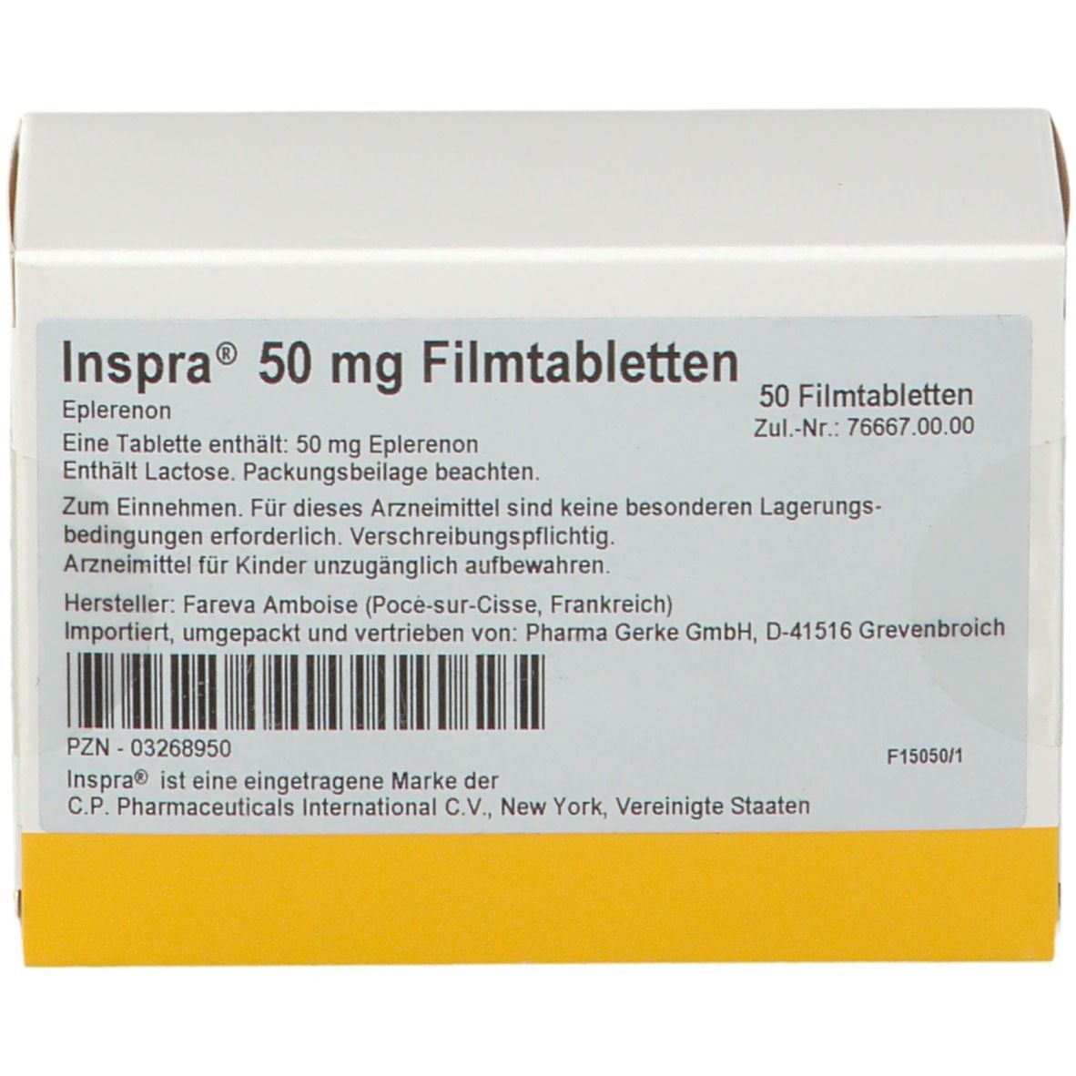 Verpackung von INSPRA 50 mg Filmtabletten. Enthält 50 Tabletten. Aufschrift: Eplerenon, 50 mg. Hersteller: Fareva Amboise.
