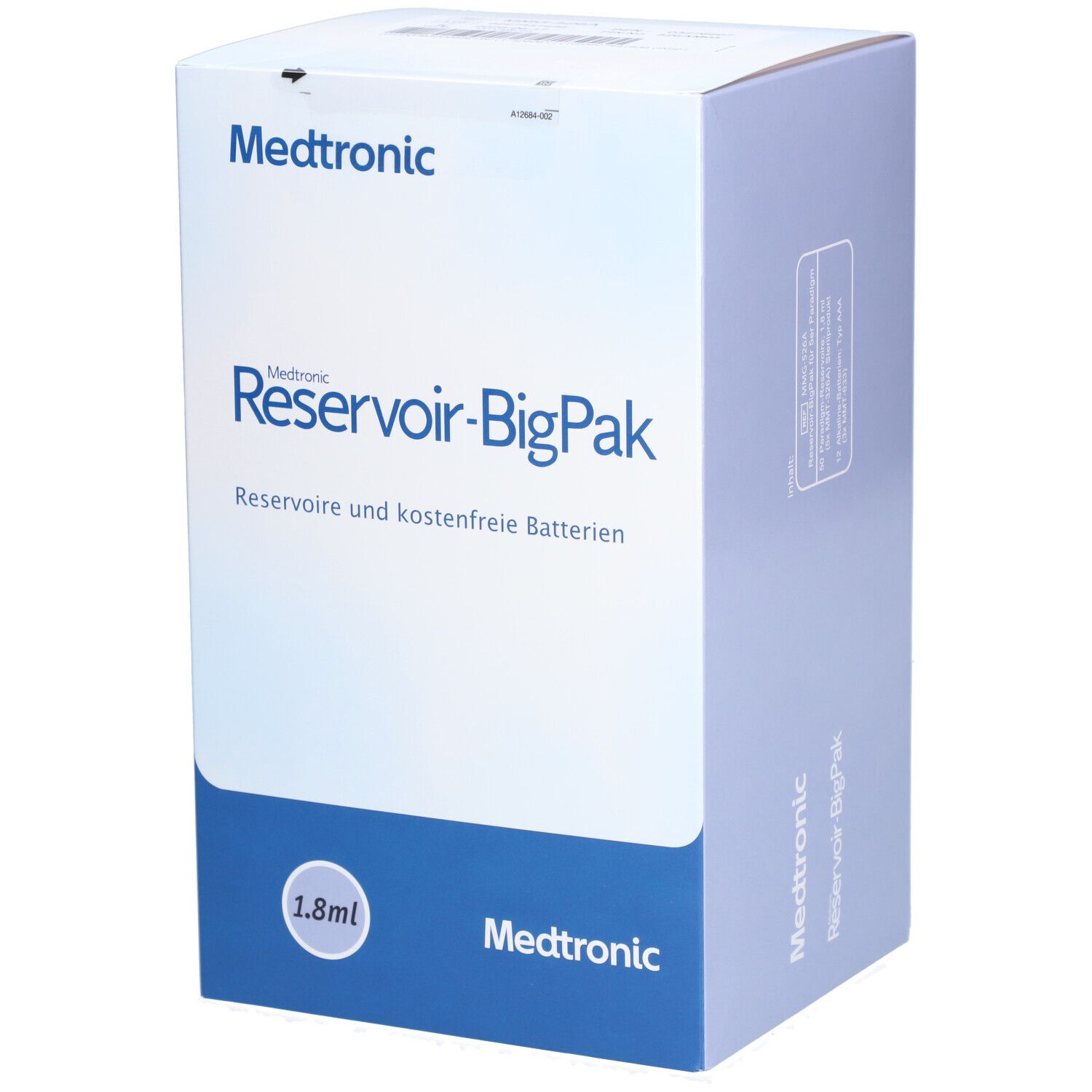 Verpackung von Medtronic Reservoir-BigPak. Aufschrift: Reservoir und kostenfreie Batterien. Volumen: 1,8 ml.