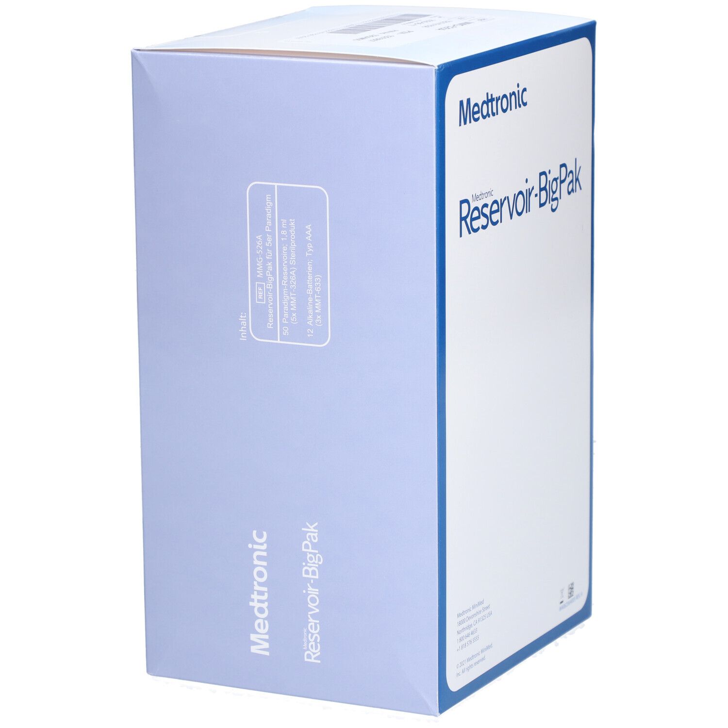 Medtronic Reservoir-BigPak Verpackung. Aufschrift: Reservoir und kostenfreie Batterien. Volumen: 1,8 ml.
