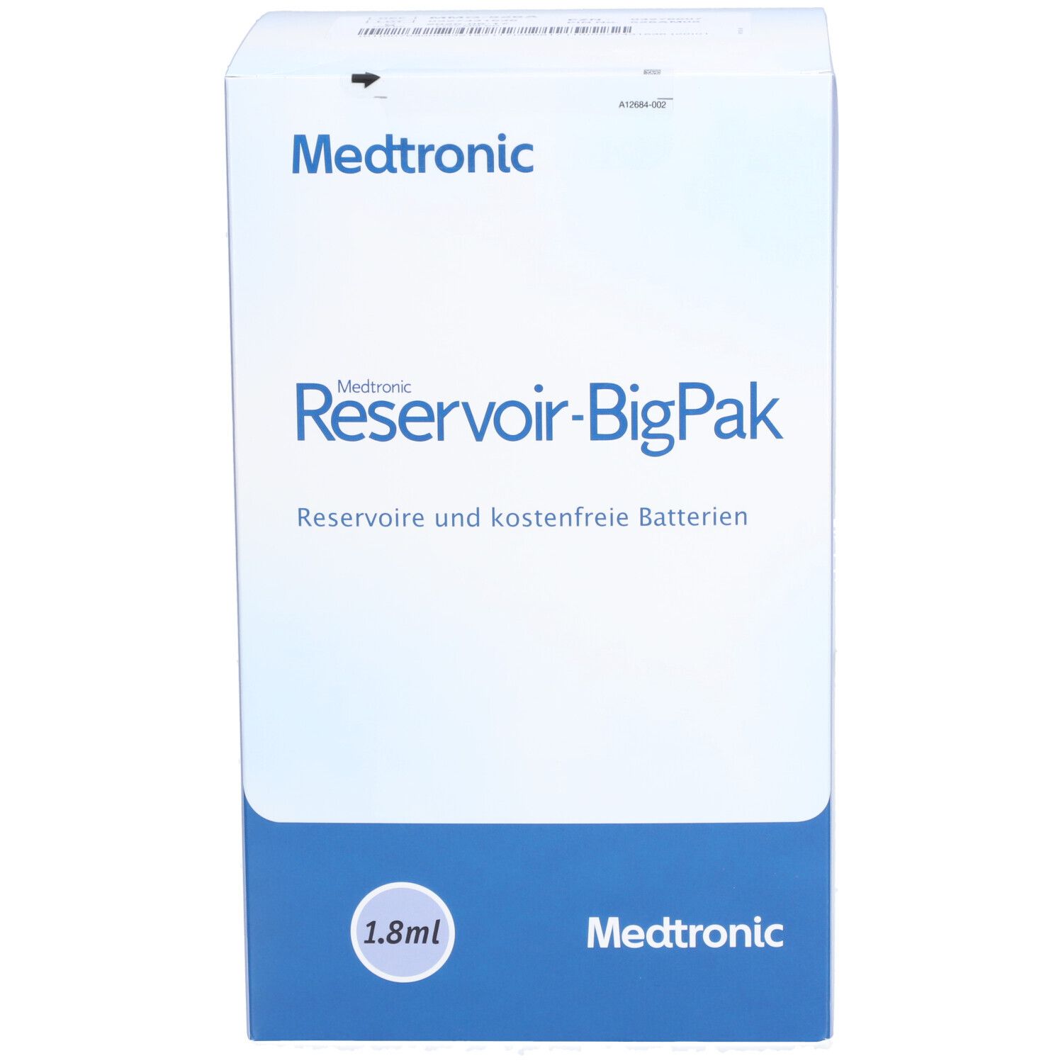 Medtronic Reservoir-BigPak Verpackung. Aufschrift: Reservoir und kostenfreie Batterien. Volumen: 1,8 ml.