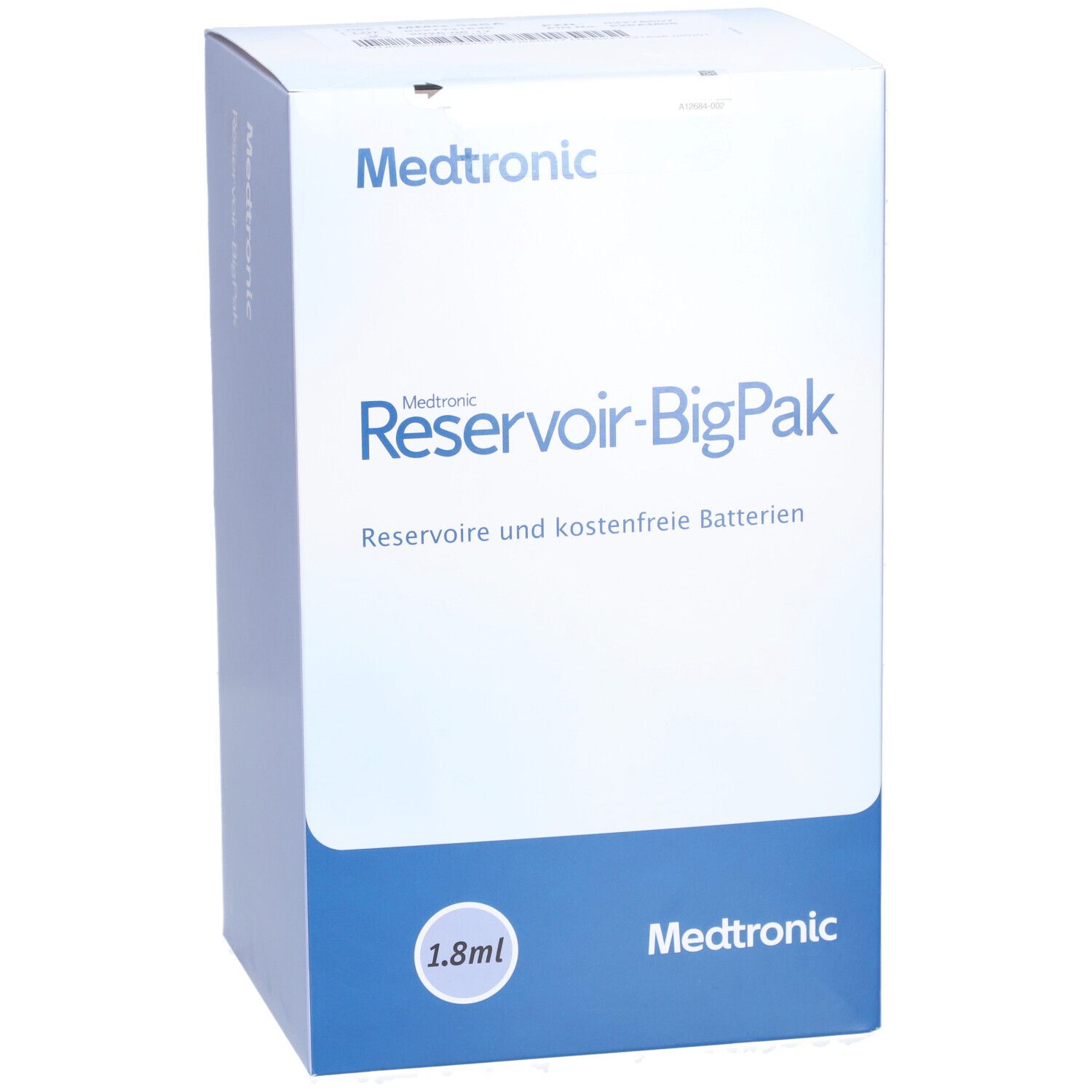 Medtronic Reservoir-BigPak Verpackung. Aufschrift: Reservoir und kostenfreie Batterien. Volumen: 1,8 ml.