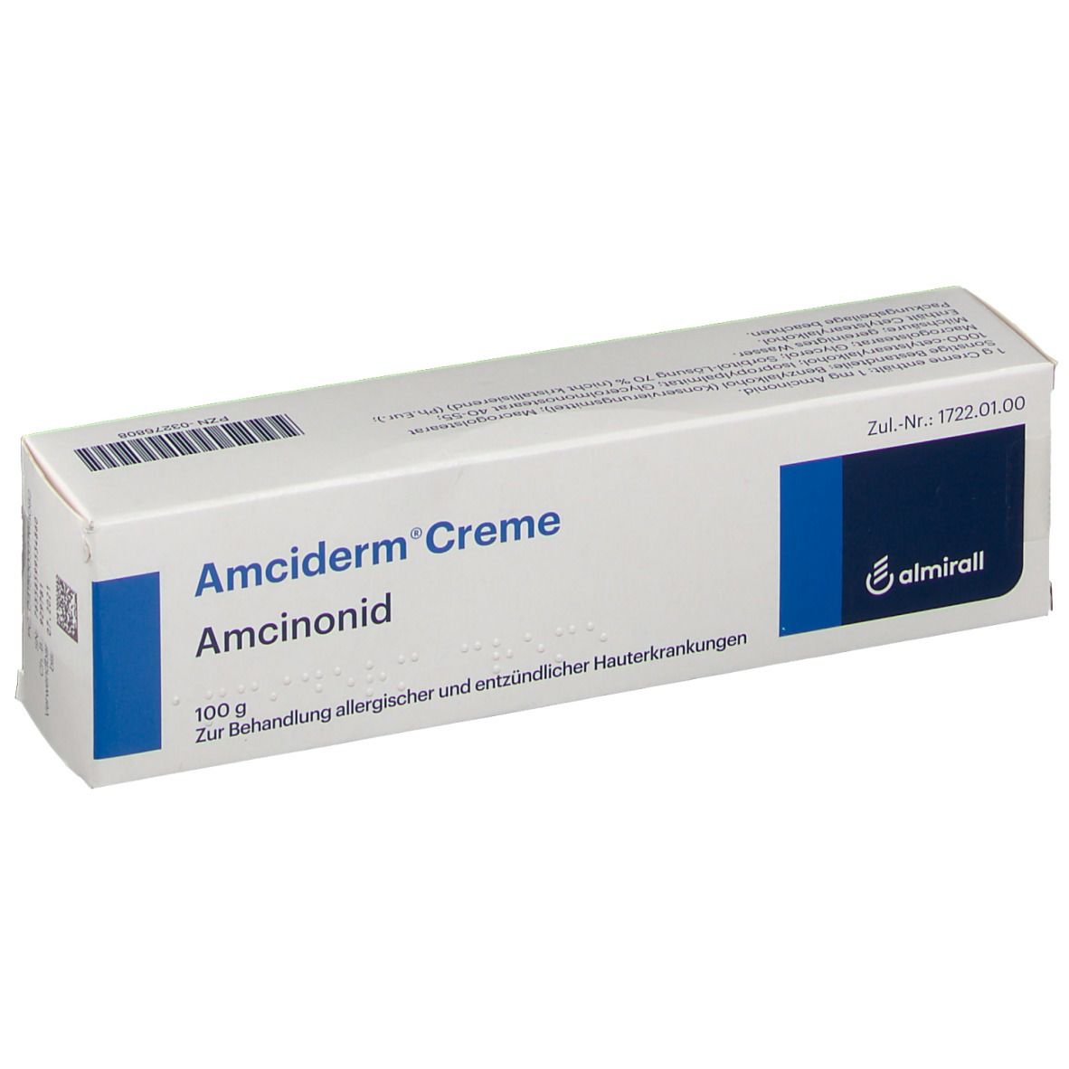 Amciderm Creme, Amcinonid, 100g. Weiße Schachtel mit blauen Akzenten und Text. Marke: almirall.