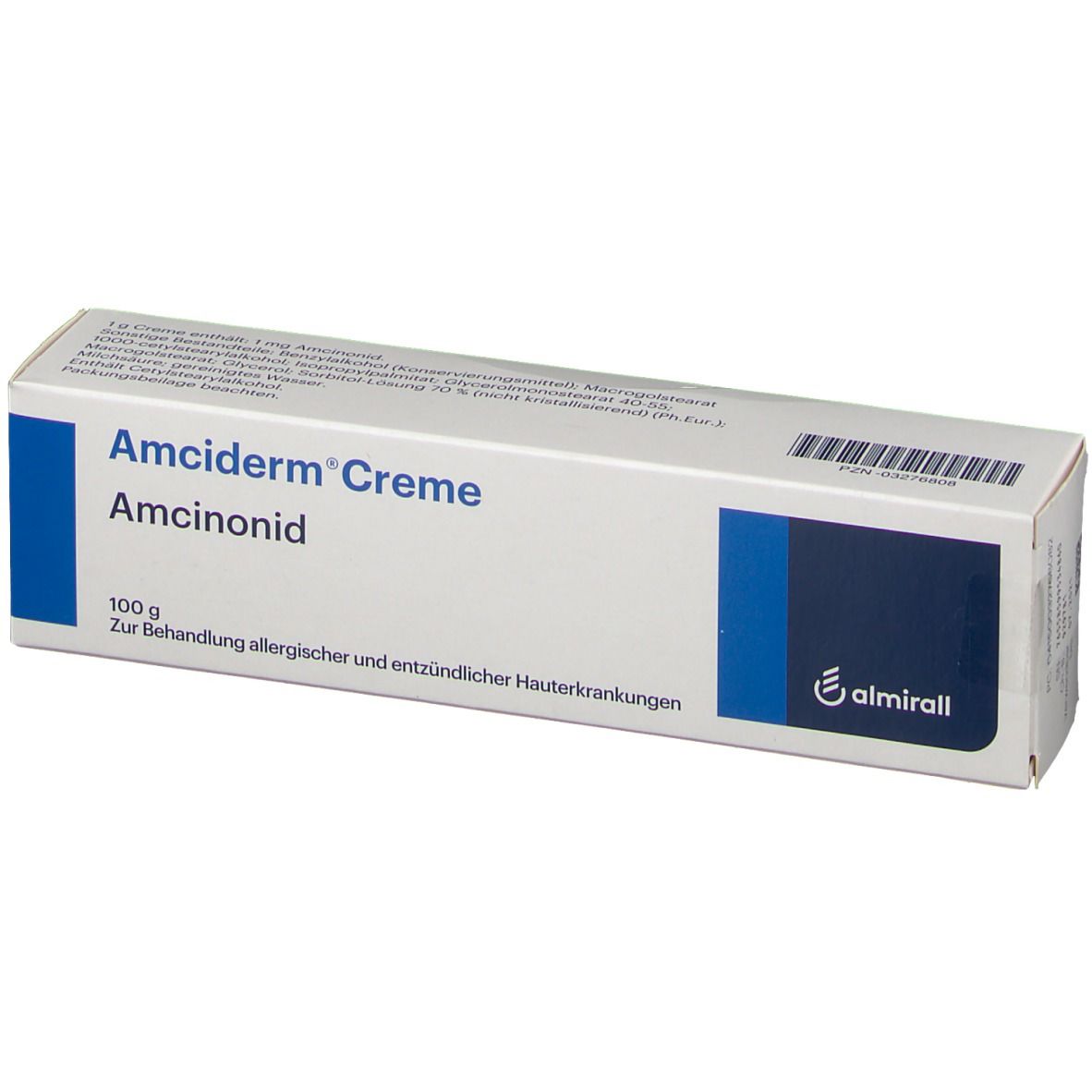 Amciderm Creme, Amcinonid, 100g. Weiße Schachtel mit blauen Akzenten und Text. Marke: almirall.