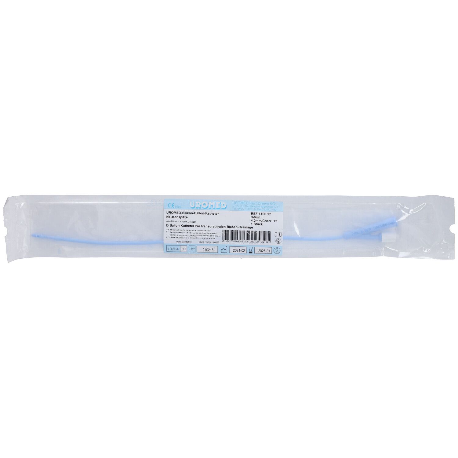 Uromed Ballonkatheter. Transparente Verpackung. Blaue Katheterspitze sichtbar. Beschriftung mit Produktinformationen.