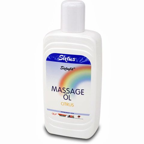 Weiße Flasche mit weißem Verschluss. Aufkleber mit Regenbogen, Schriftzug Sixtus, Massage Öl, Citrus.
