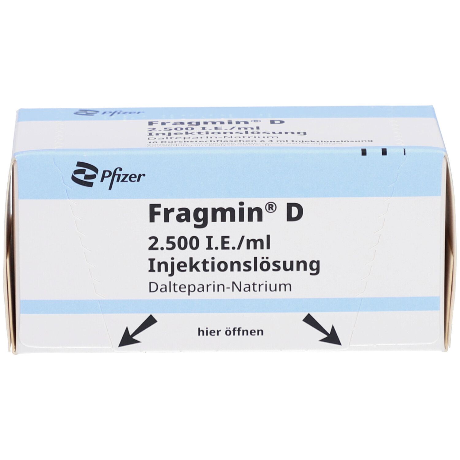 Fragmin D-Schachtel mit Öffnungspfeilen. 2.500 I.E./ml Injektionslösung. Pfizer-Logo. Text auf Deutsch.