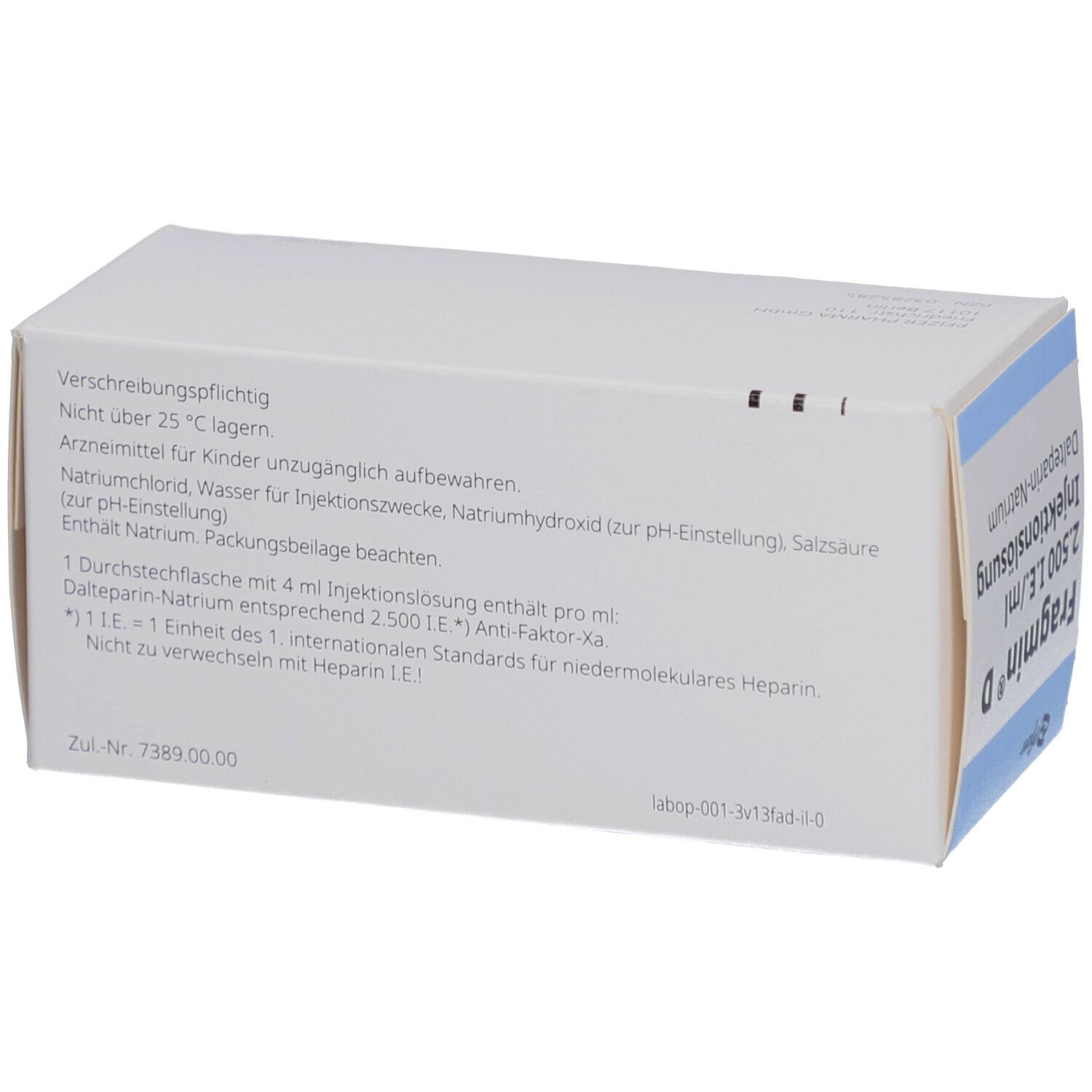 Rückseite der Fragmin D-Schachtel. Text in Deutsch. Enthält Informationen zu Inhaltsstoffen und Lagerung.