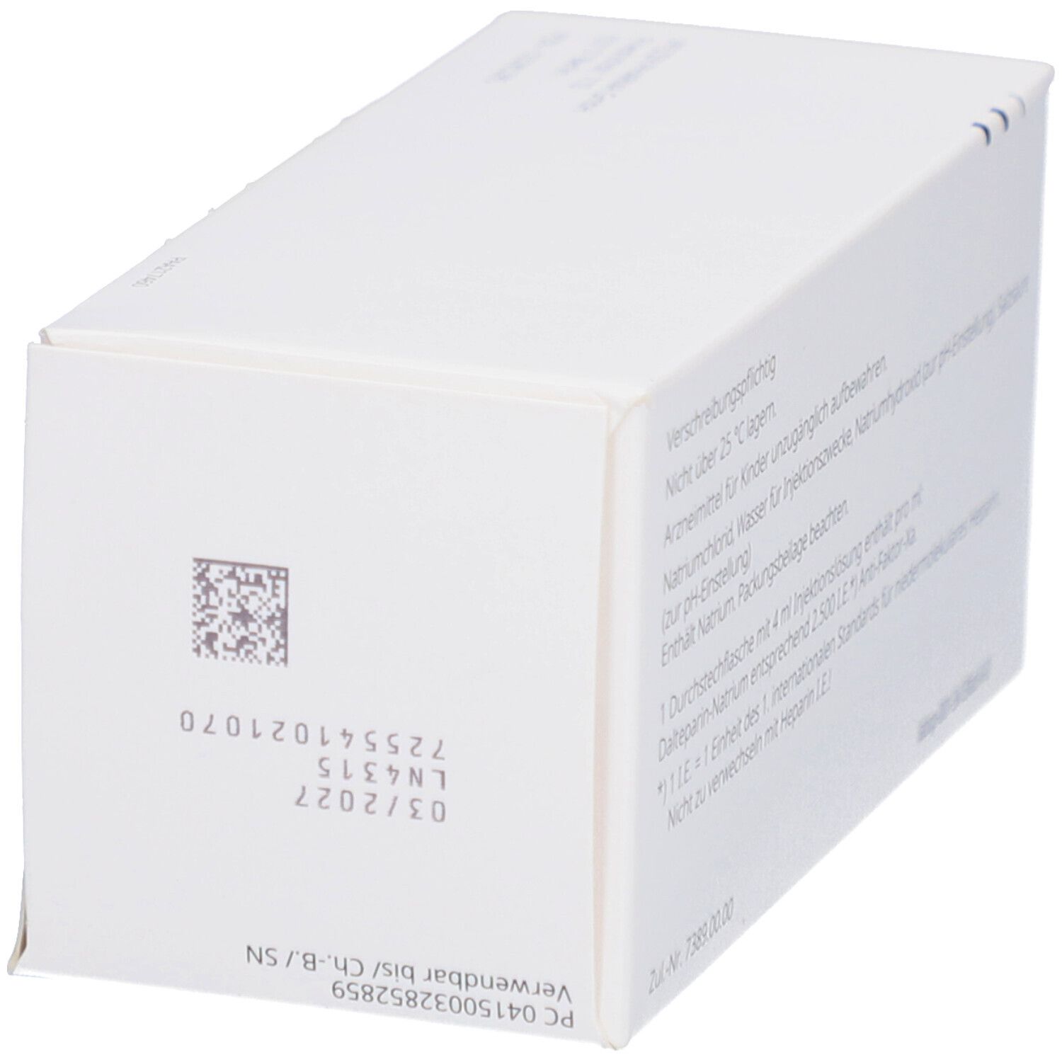 Seitenansicht der Fragmin D-Schachtel. Code und Verfallsdatum. Text in Deutsch.