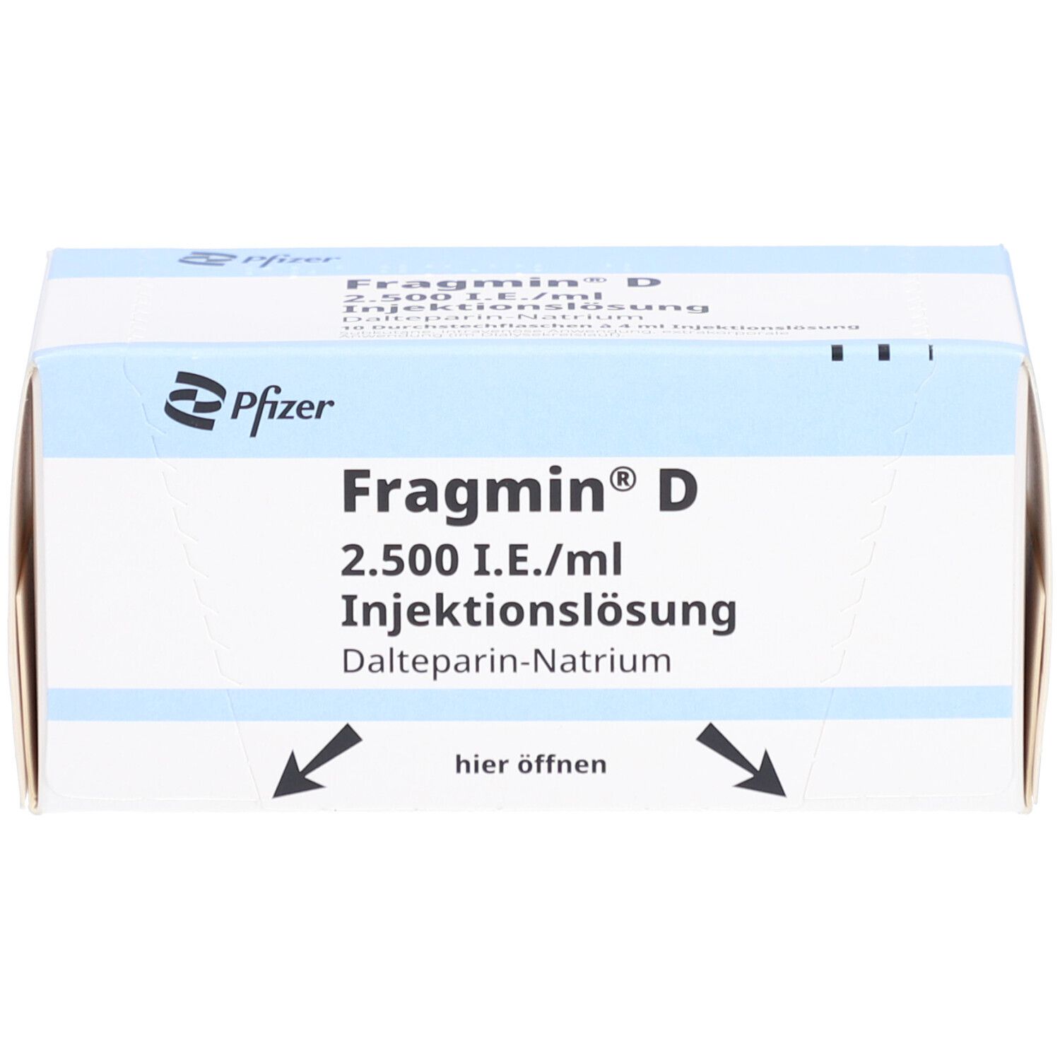 Fragmin D-Schachtel mit Öffnungspfeilen. 2.500 I.E./ml Injektionslösung. Pfizer-Logo. Text auf Deutsch.